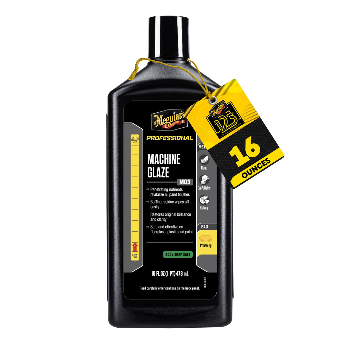 Meguiar's bottle front label showing product and restored high-gloss finish