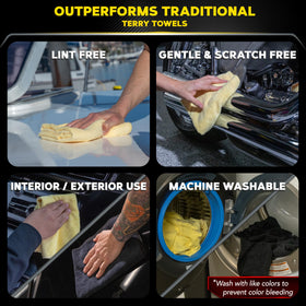 Meguiar's towel held in hand showing 16x24 size for faster coverage and fewer passes