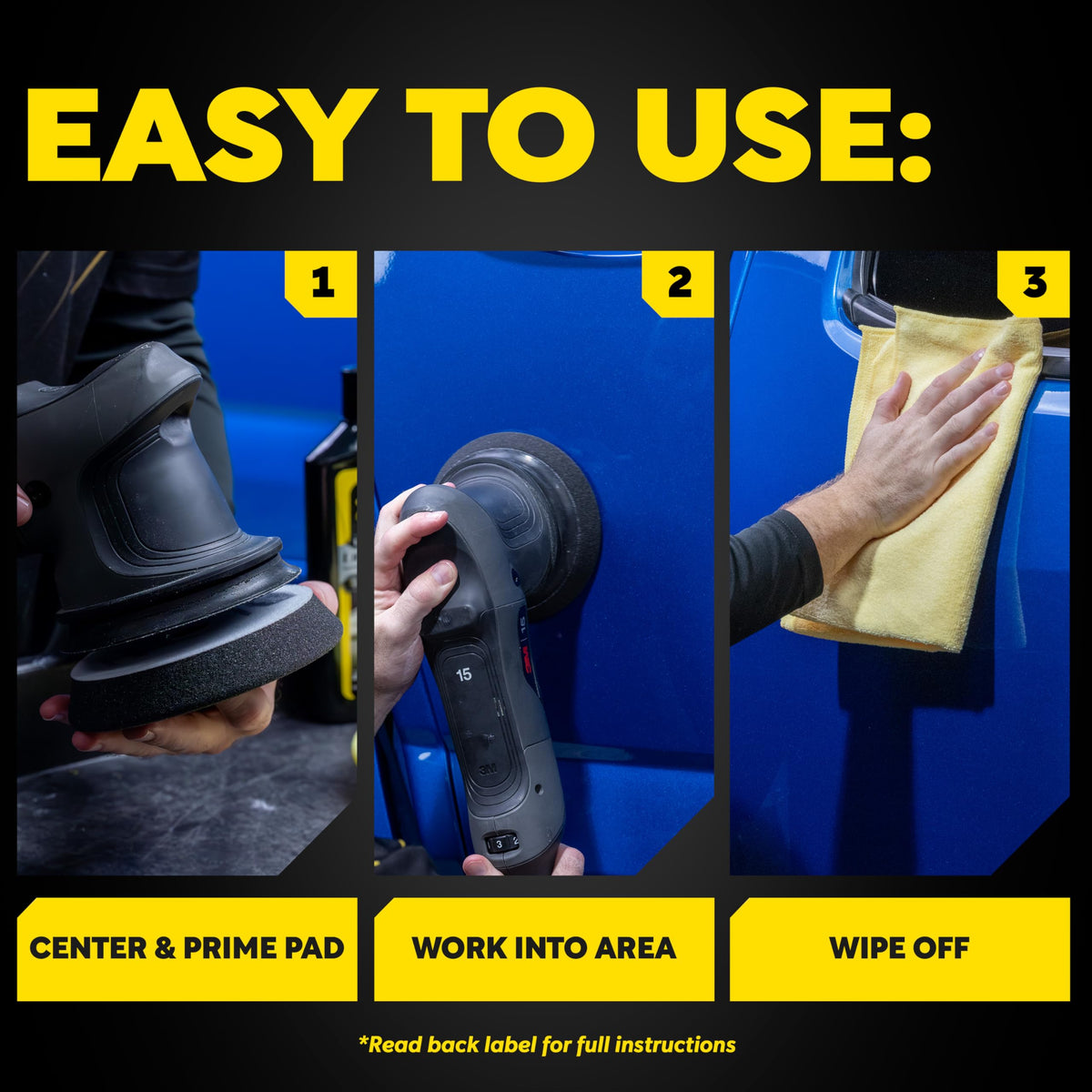 Meguiar's pad on dual-action polisher showing gentle finishing action and swirl reduction