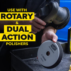 Meguiar's pad in use on rotary polisher delivering even product spread and high gloss