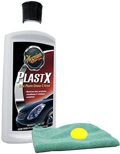 Meguiar's PlastX bottle front packaging showing product and included accessories