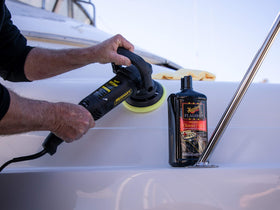 Meguiar's used with dual-action polisher on fiberglass delivering faster correction
