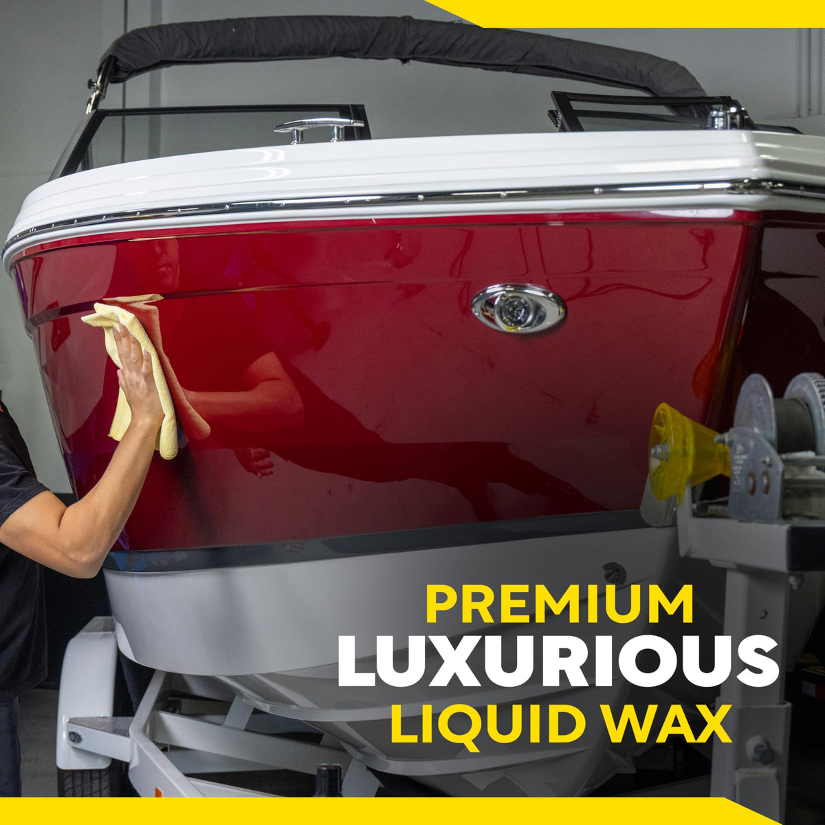 Meguiar's dual-action polisher applying product to gelcoat demonstrating faster, uniform results