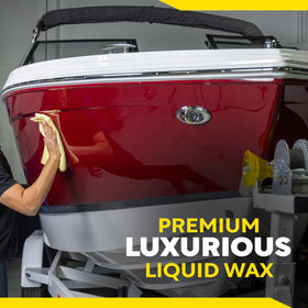 Meguiar's dual-action polisher applying product to gelcoat demonstrating faster, uniform results