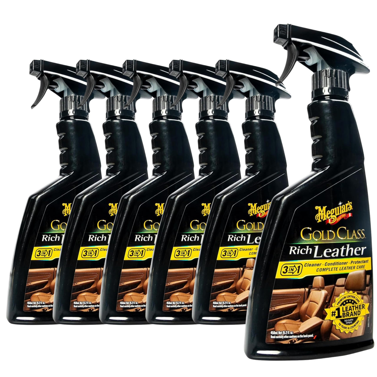 Meguiar's front packaging showing six spray bottles and product benefits