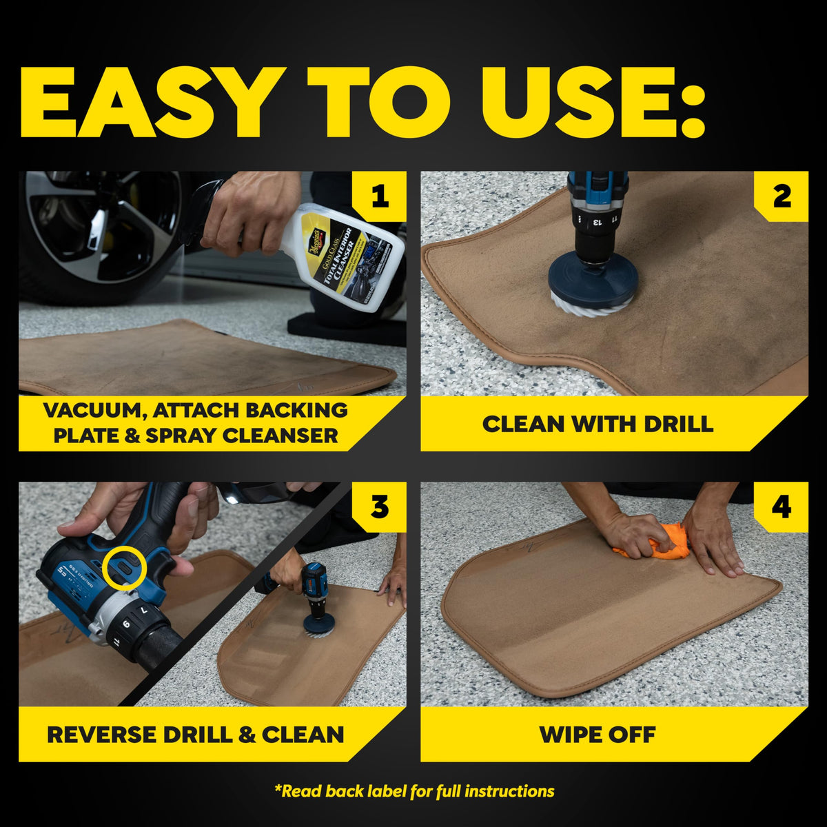 Meguiar's cleaning cloth seat in use with drill brush reducing scrubbing effort and time