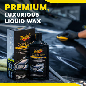 Meguiar's before and after panels showing visible improvement in gloss and clarity