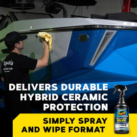 Meguiar's being sprayed on boat gel coat demonstrating fast coverage and protection