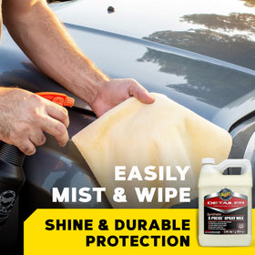 Meguiar's spraying product onto car panel for quick, even gloss application