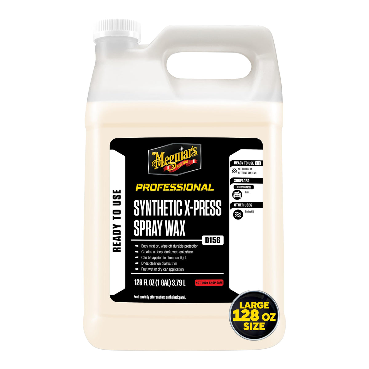 Meguiar's one-gallon container next to a measuring cup showing refill efficiency