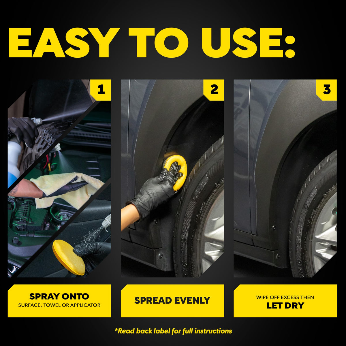 Meguiar's being applied to a tire sidewall for durable darkening effect