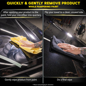 Meguiar's towel removing polish from paint for efficient residue pickup and streak-free shine