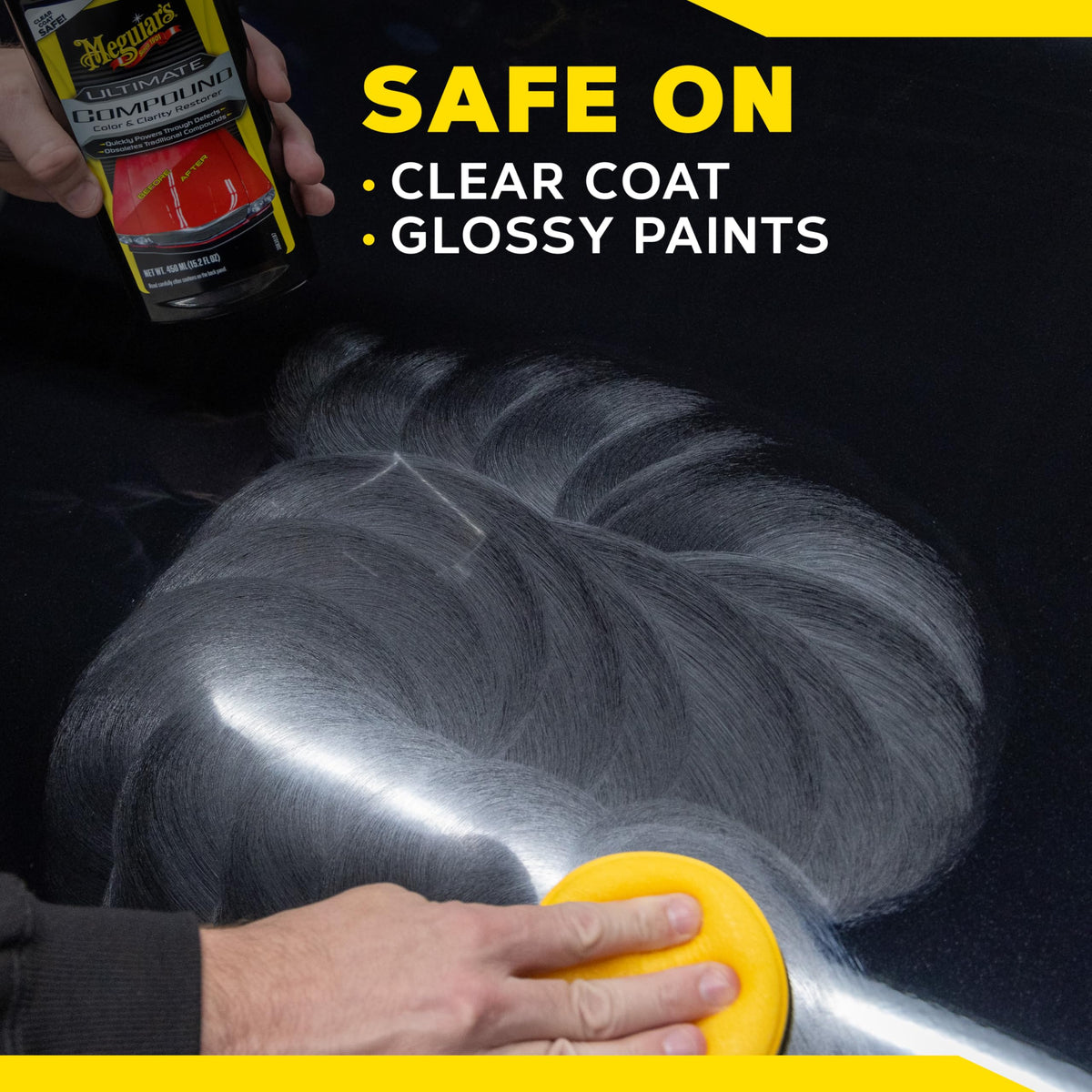 Meguiar's compound next to a hand for size and usage scale