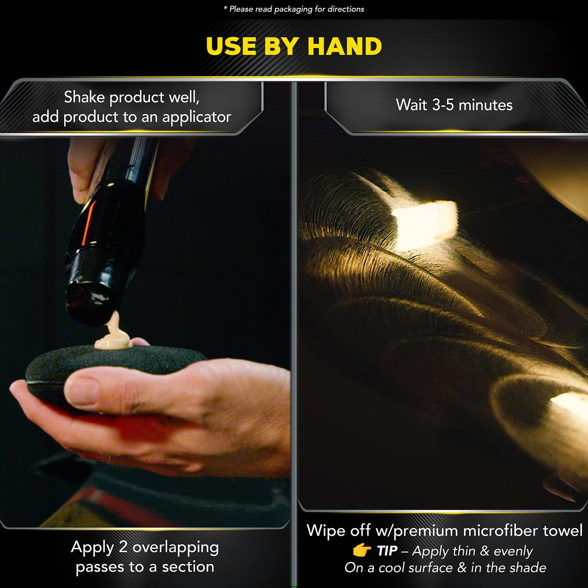 Meguiar's black microfiber towel folded, showing plush fibers for gentle wipe off and shine