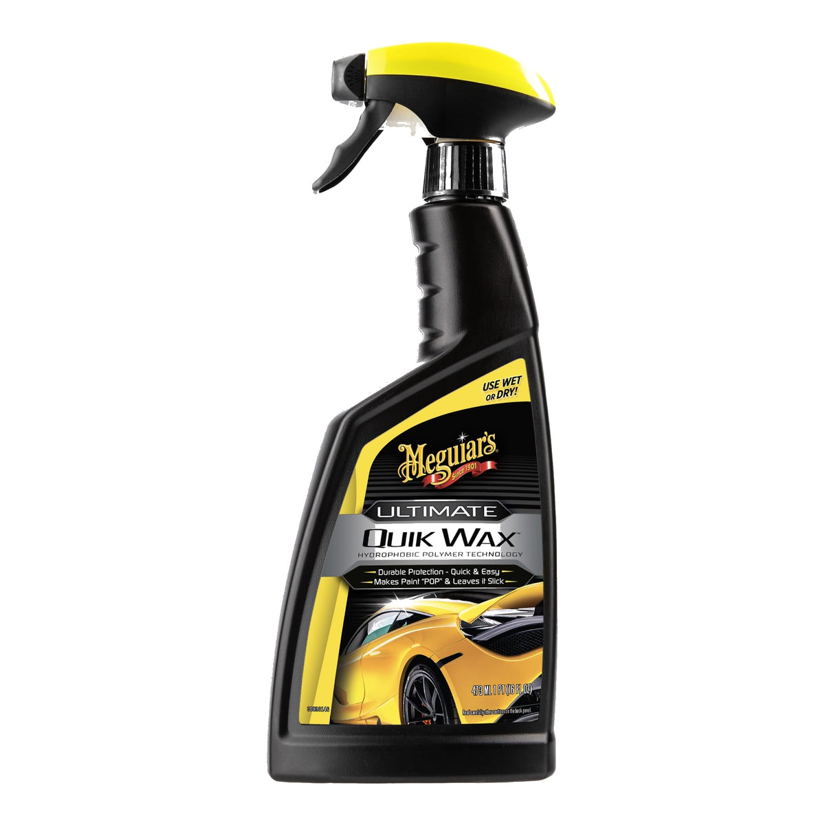 Meguiar's spray wax bottle front view showing label and quick-application benefit