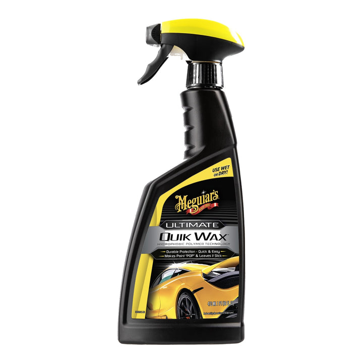 Meguiar's spray wax bottle front view showing label and quick-application benefit