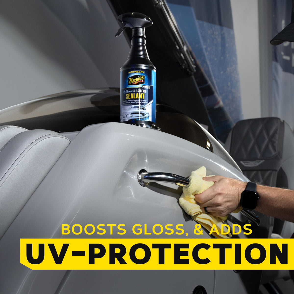 Meguiar's water beading on hull illustrating strong hydrophobic performance