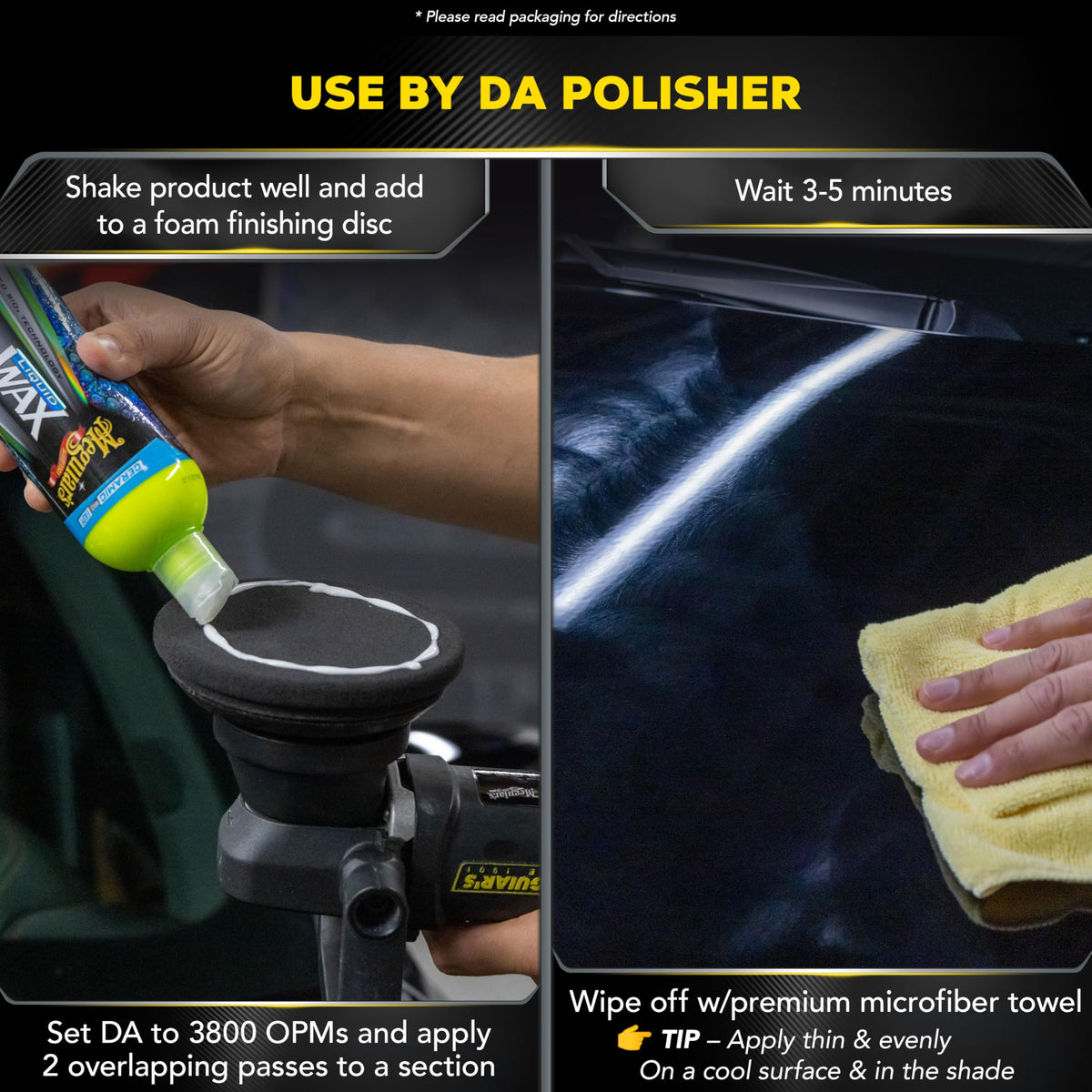 Meguiar's microfiber wiping wax away for streak-free glossy finish