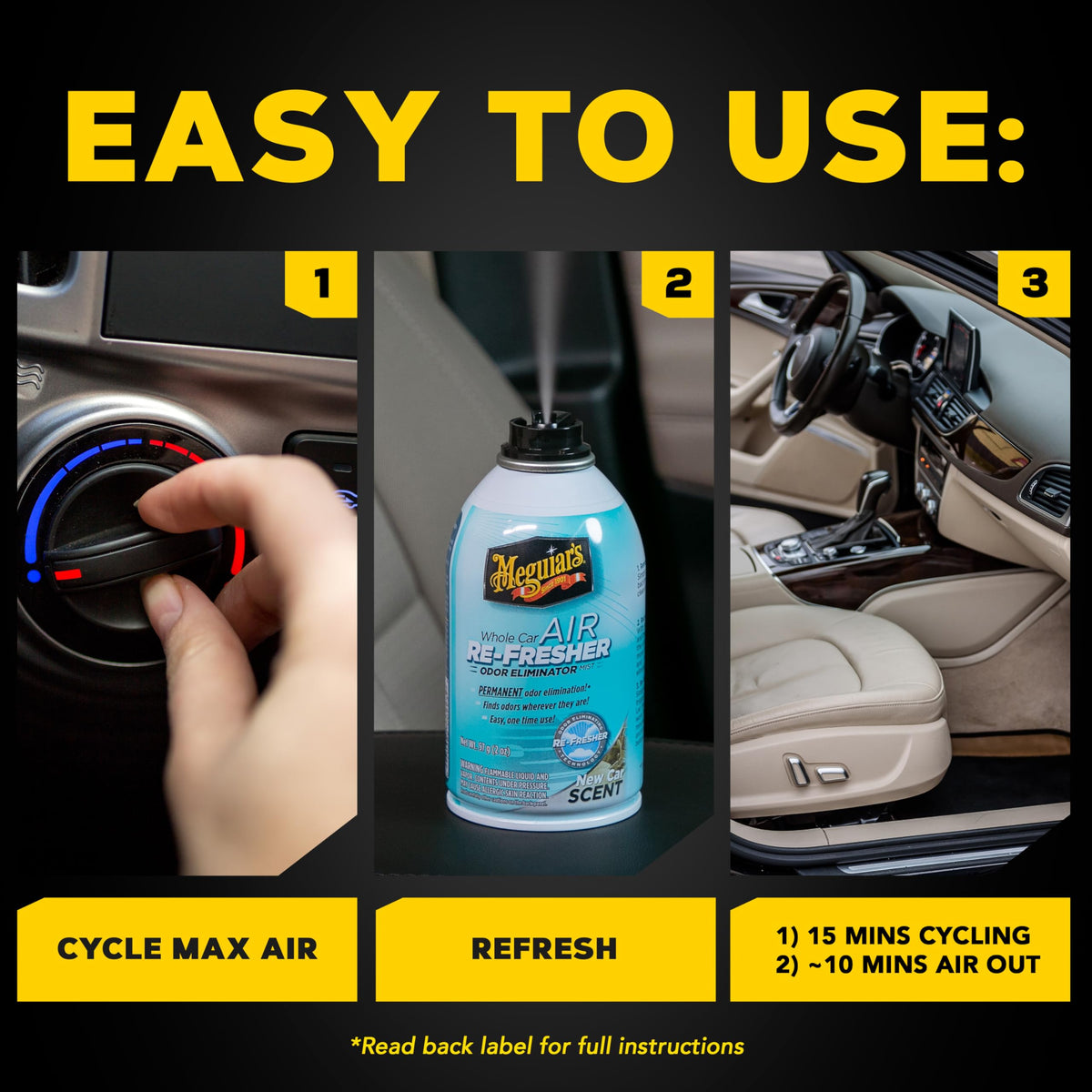 Meguiar's product label close-up with ingredients and usage instructions for confidence