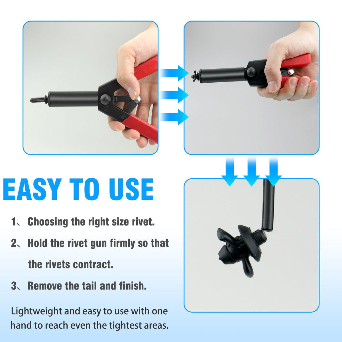 Mejiao rivet gun in use on a car bumper for quick trim fastening