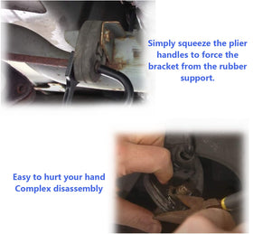 Mejiao tool in use under vehicle demonstrating safe exhaust hanger removal benefit