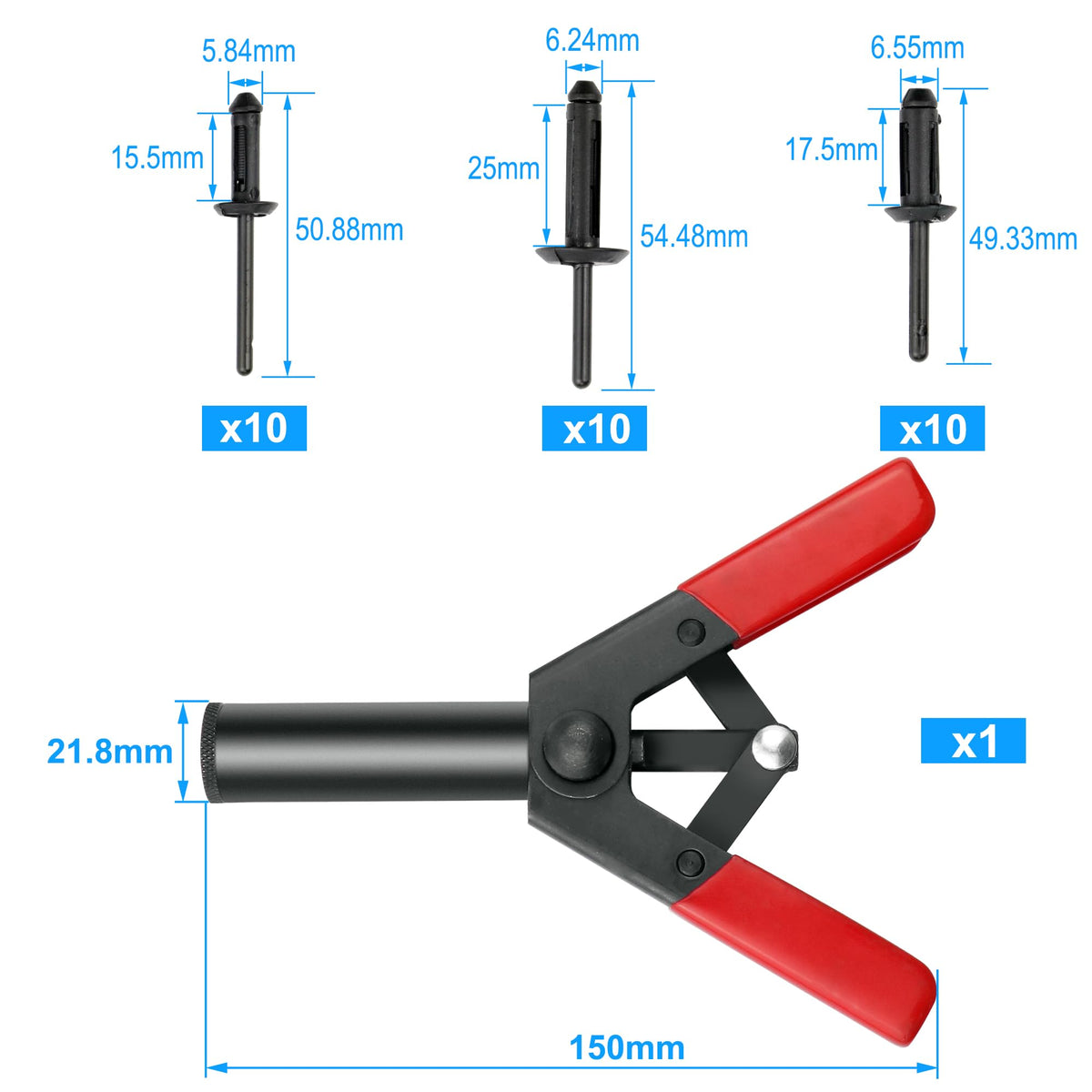 Mejiao nylon rivets assortment top-down showing three sizes for correct fit