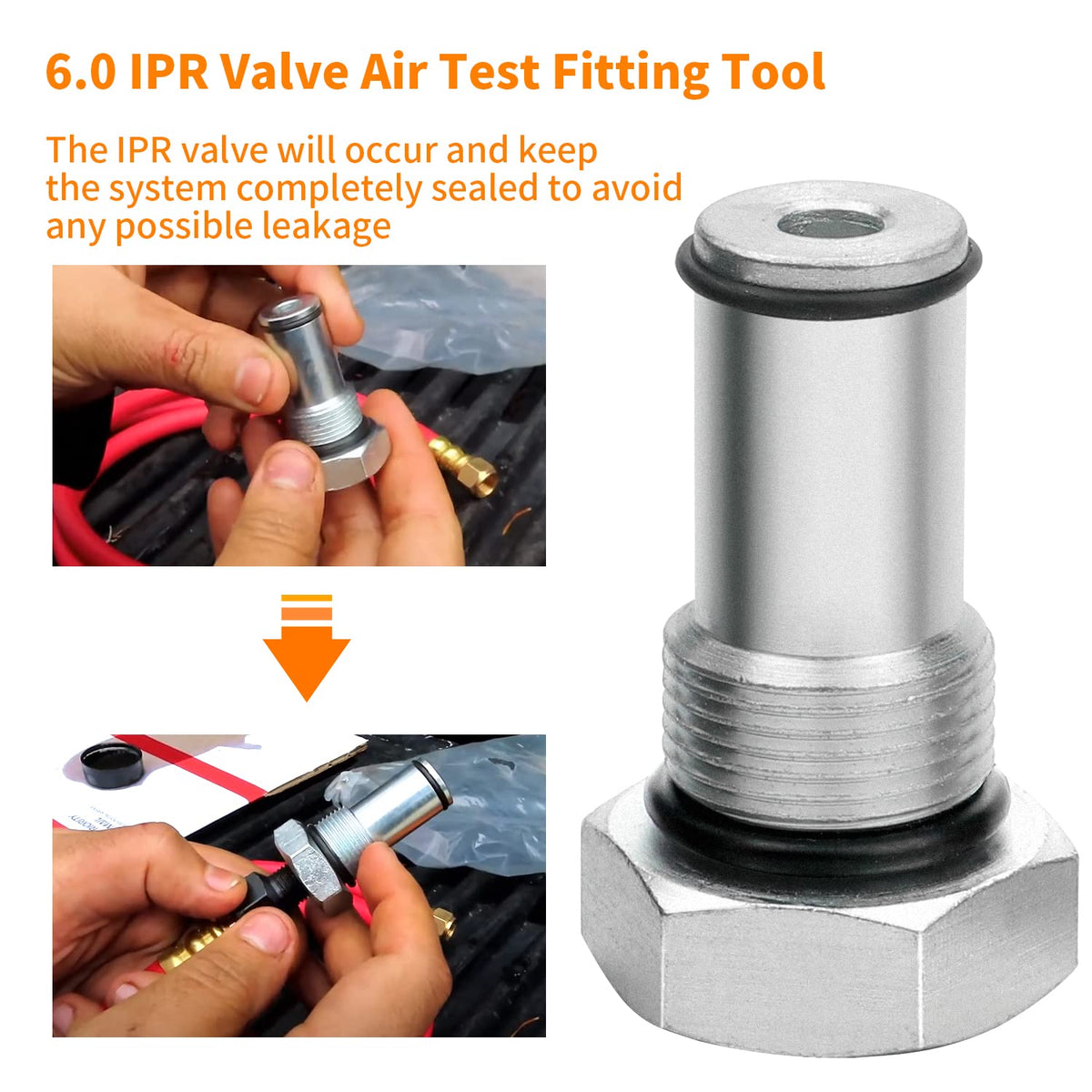 Mekar air-test fitting connected to shop air illustrating leak-detection convenience
