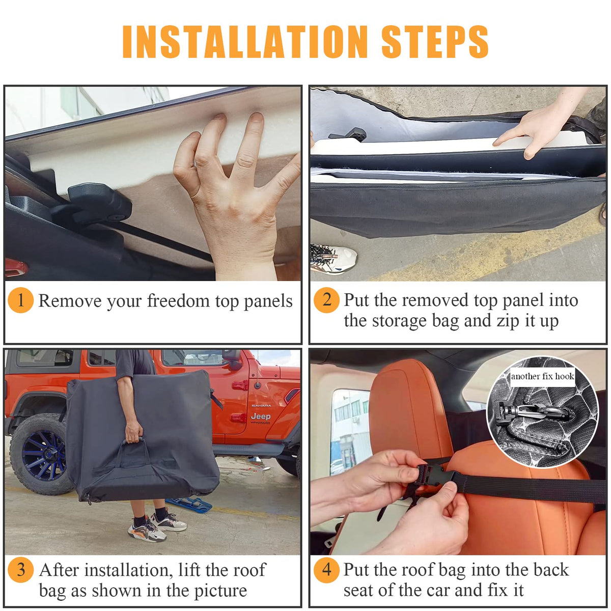 Mekar bag attached to rear headrests in Jeep keeping panels secure while driving