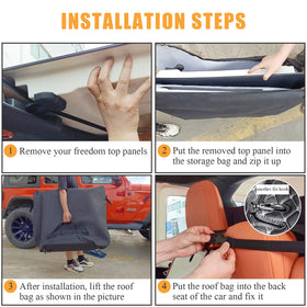 Mekar bag attached to rear headrests in Jeep keeping panels secure while driving