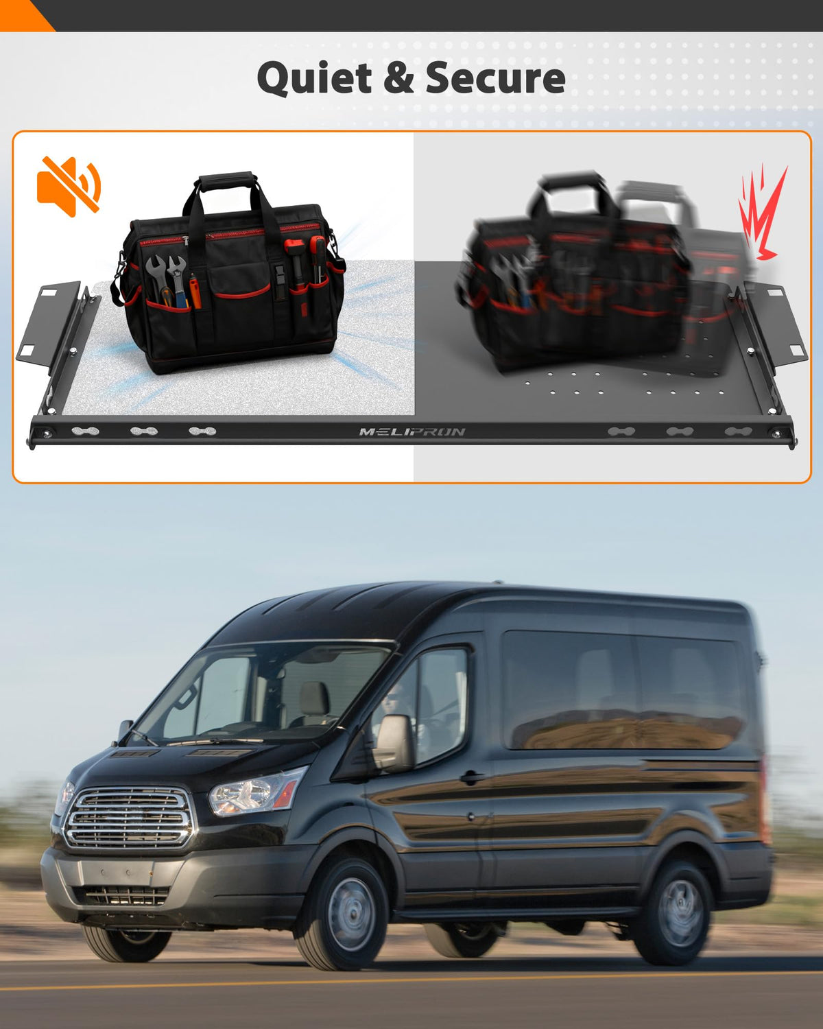 MELIPRON shelf loaded with tools and bags demonstrating secure capacity