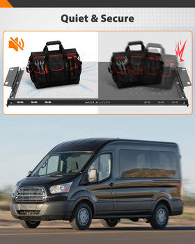 MELIPRON shelf loaded with tools and bags demonstrating secure capacity