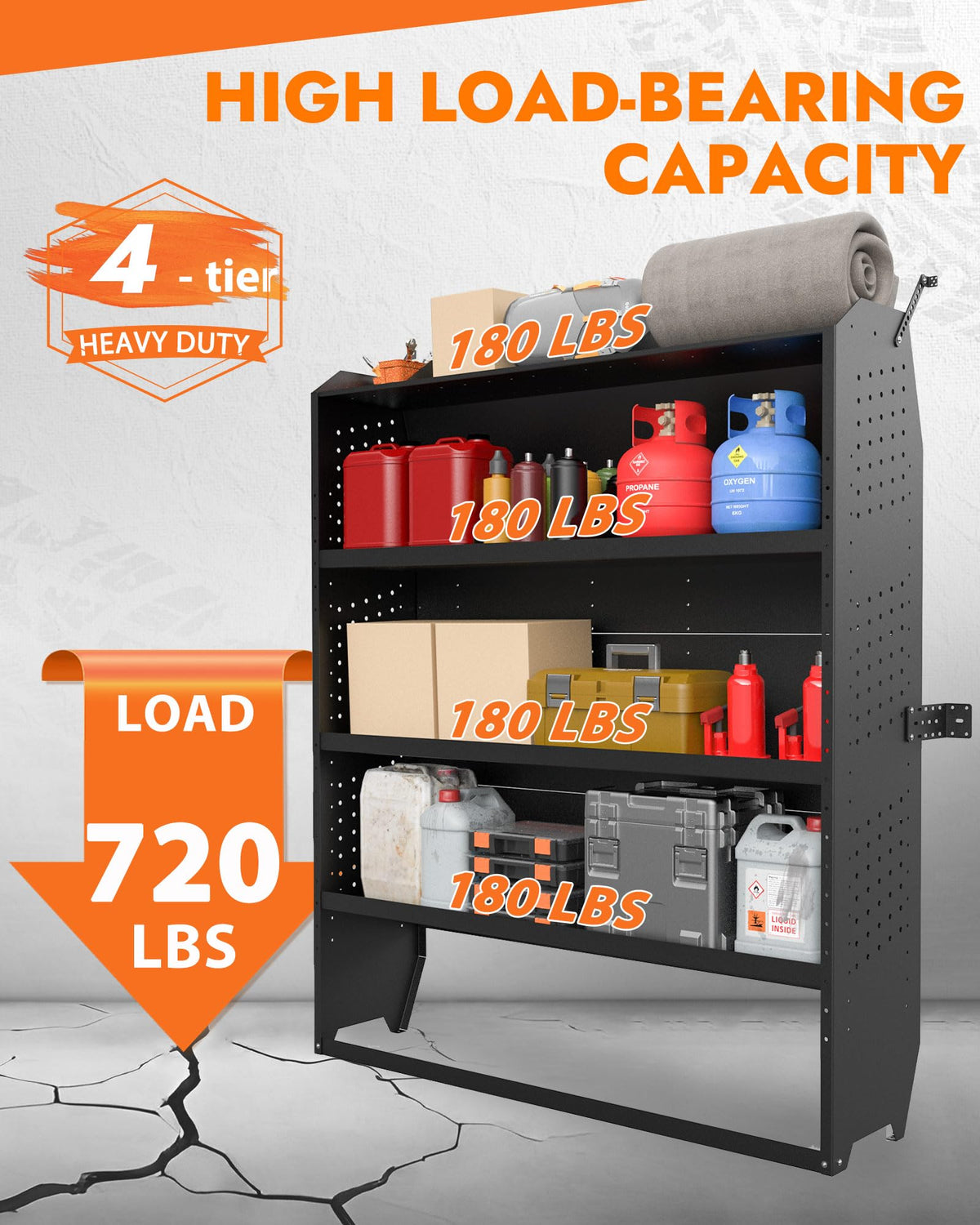 MELIPRON loaded shelf with power tools illustrating heavy‑duty weight capacity