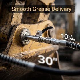 Mellif grease gun loaded with 14 oz cartridge, showing longer runtime advantage