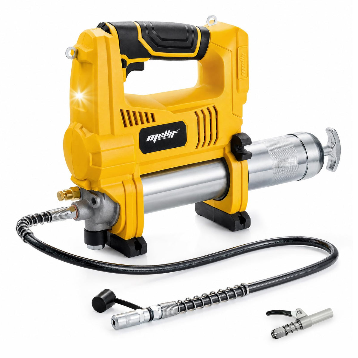 Mellif grease gun front view showing body and grip, highlighting portability