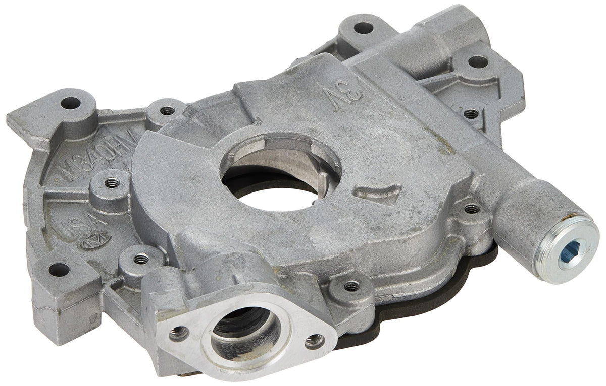 Melling oil pump front view showing mounting points and improved flow benefit