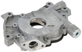 Melling oil pump front view showing mounting points and improved flow benefit