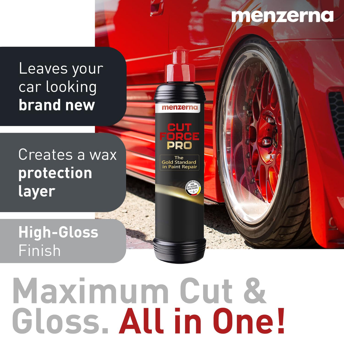 menzerna on red heavy cut pad demonstrating aggressive cutting power