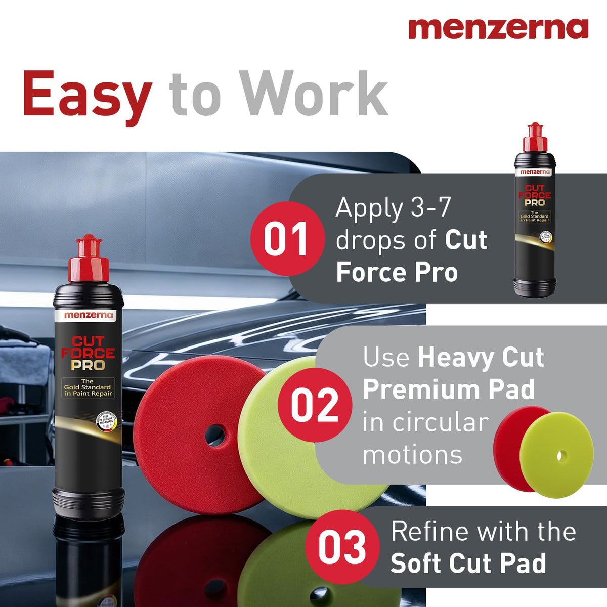 menzerna applied with polisher on car door showing efficient correction