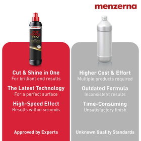 menzerna bottle beside hand showing 8 oz scale for ease of use