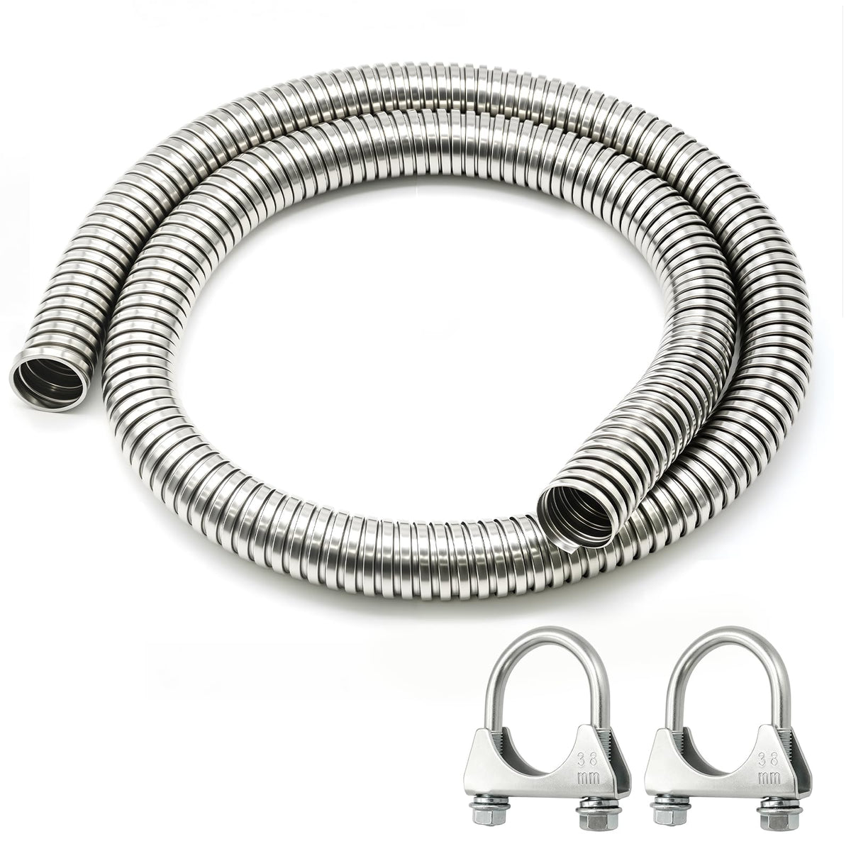 MEOFIENK front view of flex pipe showing dimensions and durable finish, durable connection
