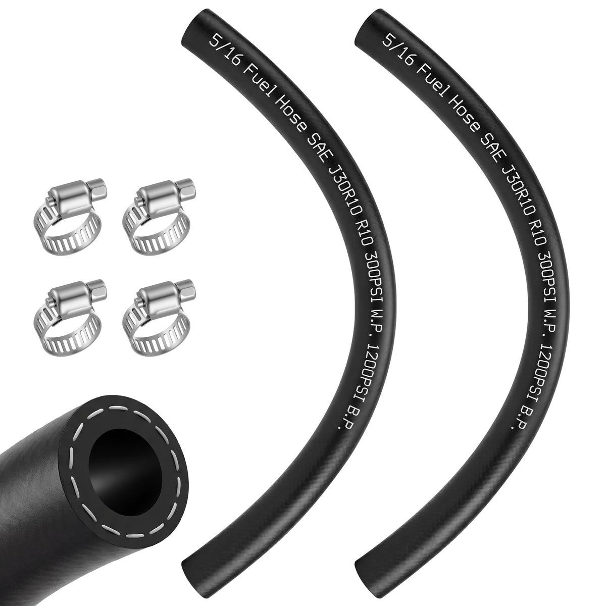 Meonum front view showing both hoses and four clamps, highlights ready-to-install kit benefit