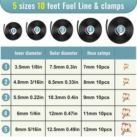 Meonum hose size lineup displaying five NBR fuel tubes for precise engine fits