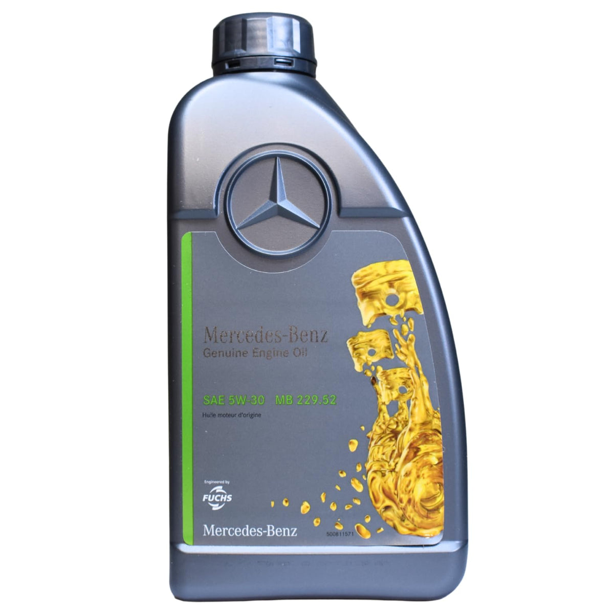 Mercedes Benz bottle front view showing label and MB 229.52 spec for correct use