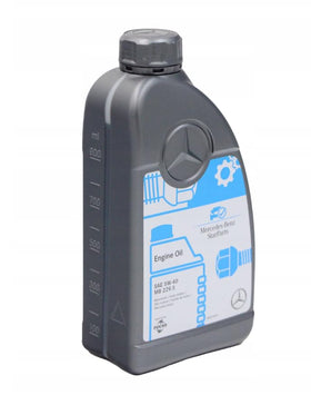 Close up of Mercedes‑Benz bottle label highlighting 5W‑40 viscosity and MB 229.5 spec advantage