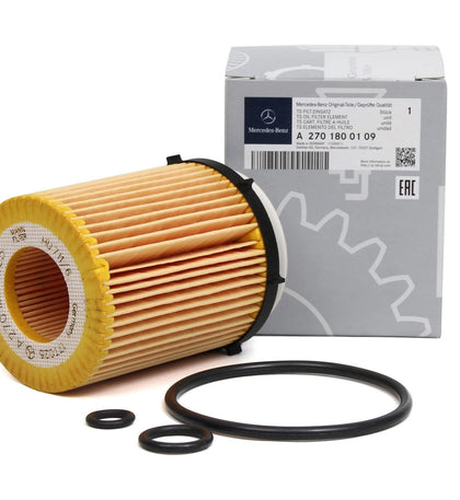 Mercedes‑Benz oil filter front packaging showing OEM quality and fit