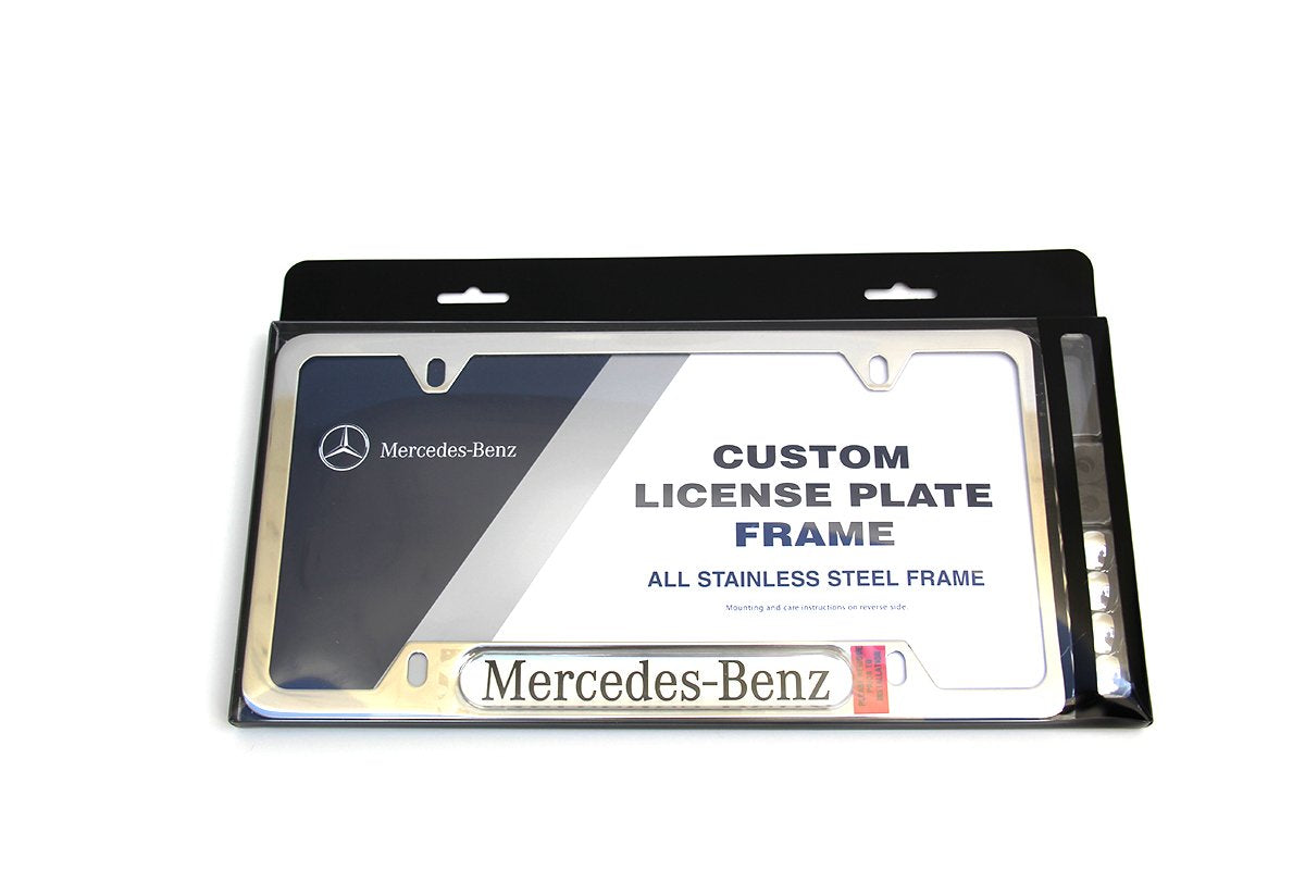 Mercedes Benz polished stainless license frame front view showing sleek finish and brand consistency