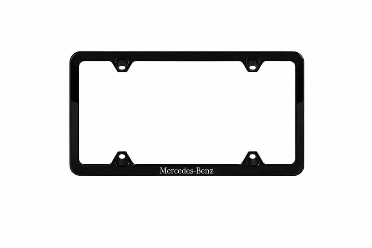 Mercedes‑Benz slimline frame front view shows sleek black finish and etched logo for authentic styling