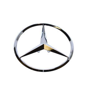 Mercedes Benz front view of trunk star emblem showing factory fit and restored appearance