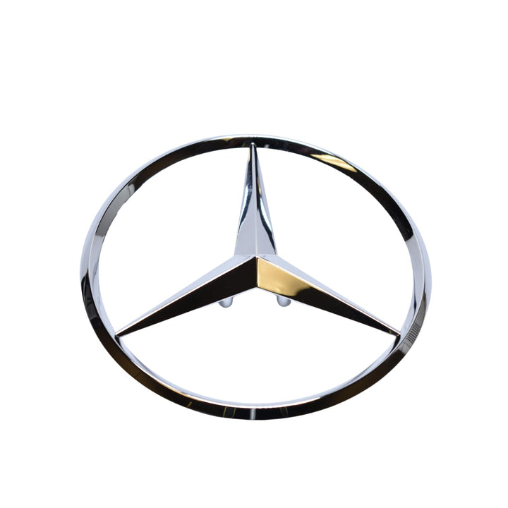 Mercedes Benz front view of trunk star emblem showing factory fit and restored appearance