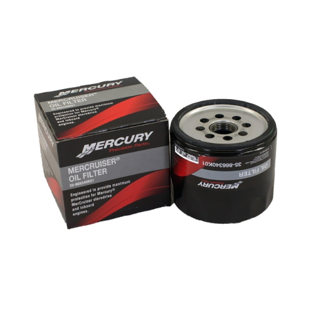 MERCURY oil filter front view showing label and threaded opening for correct fit